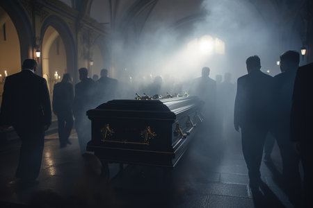 closeup shot of a casket in a hearse or chapel before funeral or burial at cemetery with smokeの素材