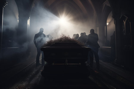 Casket in a dark church. Conception of funeral. Selective focusの素材