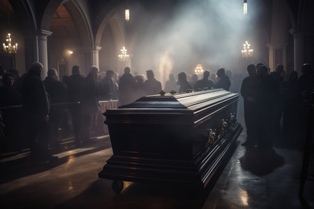 closeup shot of a casket in a hearse or chapel before funeral or burial at cemeteryの素材