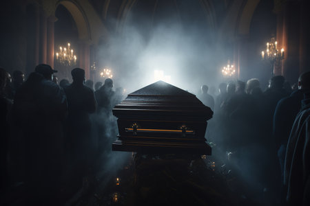 Dark toned image of a funeral casket in a cemetery or burial site. Silhouettes of people around the coffin. Selective focusの素材