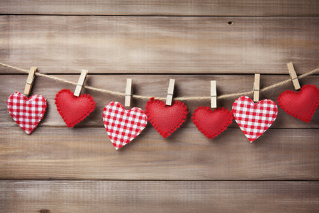 Hearts hanging on clothesline on wooden background. Valentines day conceptの素材