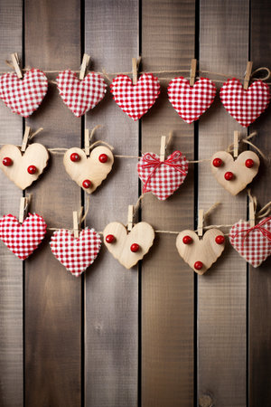 Valentine's day background with hearts on wooden planks.の素材