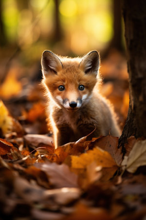 Red fox cub in autumn leaves. Vulpes vulpes in the forest.の素材