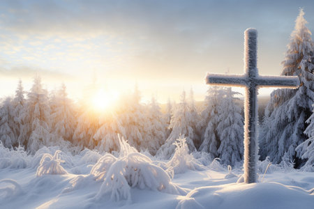 christian cross in the snowy forest at sunset. beautiful winter landscapeの素材