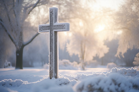 Cross in the snow on the background of the winter forest and sunsetの素材