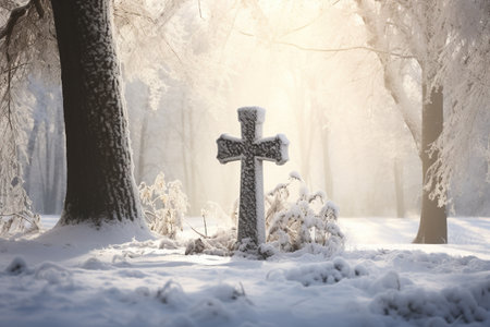 christian cross in winter forest with snow covered trees, christianity conceptの素材