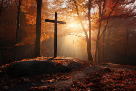 Cross in the autumn forest. The concept of faith and hope.の素材