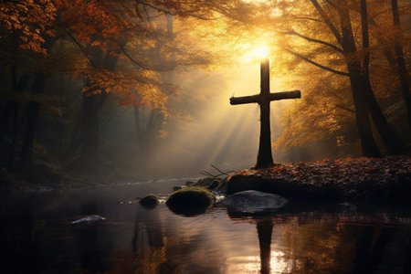 Cross on a rock in the autumn forest with sunbeams and fogの素材
