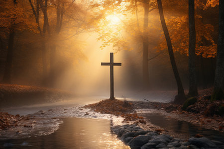 Cross in the middle of the river in the autumn forest at sunriseの素材