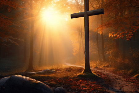 Cross in the forest at sunrise. Concept of faith and hope.の素材