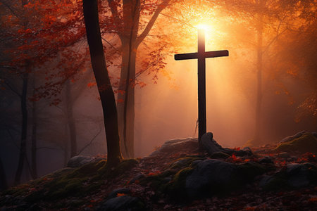 Cross in the forest at sunrise. Halloween concept. 3D Renderingの素材