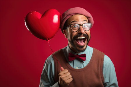 Funny man with hat and glasses holding a red heart balloon on a red backgroundの素材