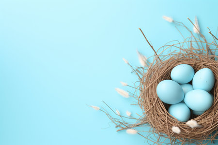 Colorful easter eggs in nest on blue background with copy spaceの素材