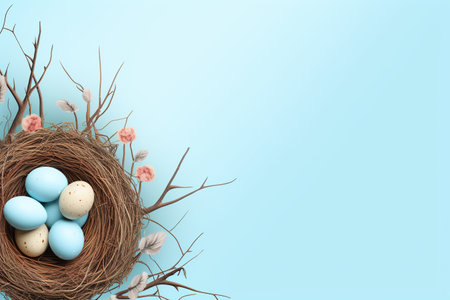 Easter eggs in a nest with branches and flowers on a blue backgroundの素材