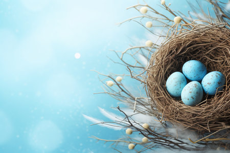 Easter eggs in nest on blue bokeh background, copy spaceの素材