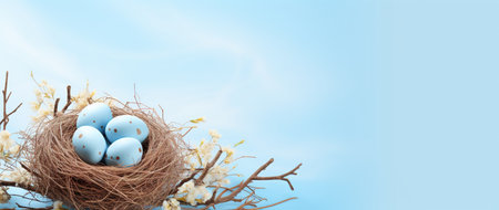 Easter eggs in a nest on a blue background with spring flowers.の素材