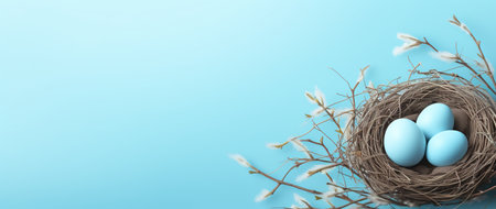 Easter eggs in a nest on a blue background with willow branchesの素材