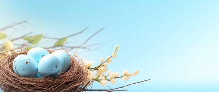 Easter eggs in nest with spring flowers on blue background, panoramic bannerの素材