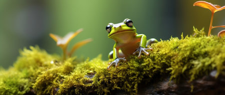 Green frog on green moss in tropical rainforest, rainforest.の素材