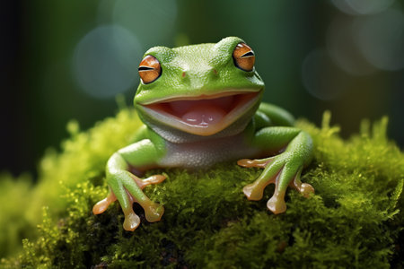 Green tree frog on a green moss in a tropical rainforest.の素材