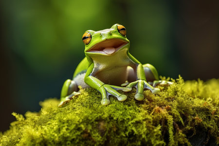 Green tree frog sitting on a mossy branch in the rainforestの素材