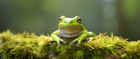 European tree frog sitting on moss in tropical rain forest. Green tree frogの素材