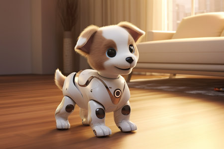 3d render of a cute dog robot sitting on the floor at homeの素材