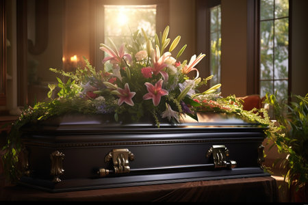 closeup shot of a casket in a funeral or burial siteの素材