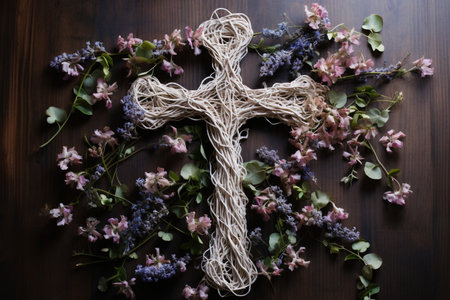 Cross made of twigs and flowers on wooden background, top viewの素材