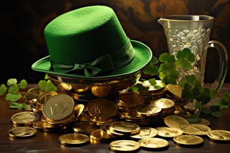 St. Patrick's Day background with leprechaun hat and coinsの素材