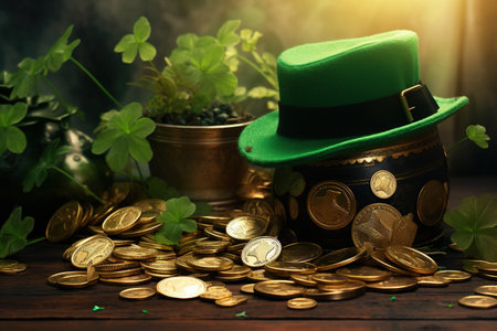 St. Patrick's Day background with leprechaun hat, pot of gold coins and clover leaves.の素材
