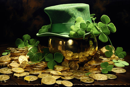 St. Patrick's Day. Gold coins, clover leaves and pot of gold.の素材