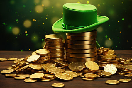 St. Patrick's Day background with leprechaun hat and gold coinsの素材