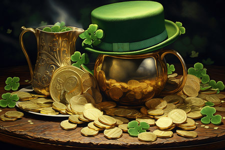 St. Patrick's Day still life with gold coins, leprechaun hat and potの素材