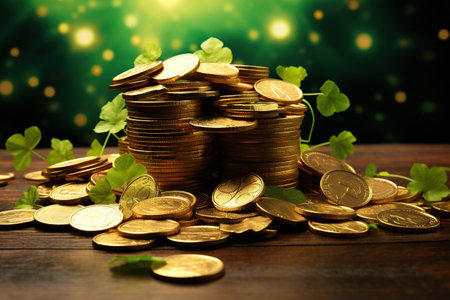 Stacks of coins with clover leaves over bokeh backgroundの素材