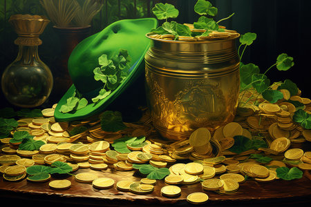 St. Patrick's day background with gold coins and green hat.の素材