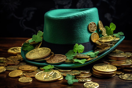 Green leprechaun hat with clover leaves and gold coins on wooden tableの素材
