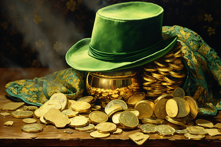 St. Patrick's Day background. Leprechaun hat and gold coins.の素材