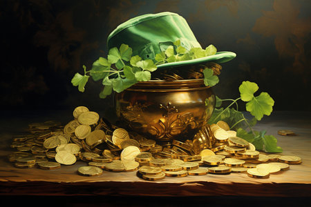Pot of gold coins with clover leaves and green hat on dark backgroundの素材