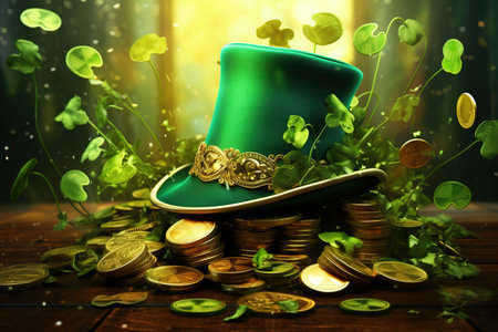 Green Leprechaun hat with clover leaves and gold coinsの素材
