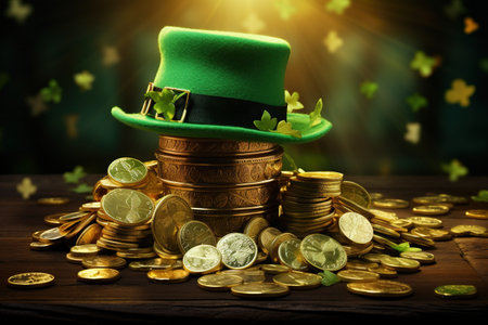 St. Patrick's Day background with leprechaun hat, coins and shamrock.の素材