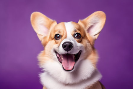 Welsh Corgi Pembroke dog on purple backgroundの素材