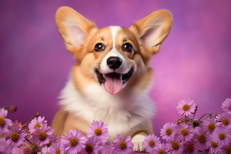 Cute welsh corgi dog with flowers on a purple backgroundの素材