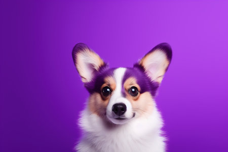 Portrait of a cute Welsh corgi dog on a purple backgroundの素材