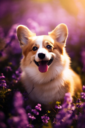 Welsh Corgi Pembroke in the purple flowersの素材