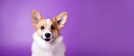 Cute welsh corgi dog on a purple background. Copy space.の素材