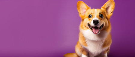 Cute welsh corgi dog sitting and looking at camera on purple backgroundの素材