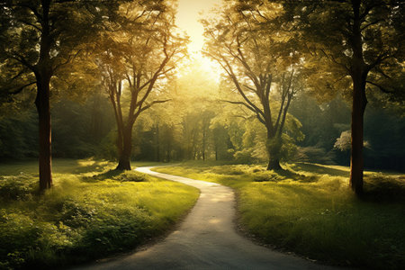 Beautiful summer landscape with sunbeams shining through the trees.の素材
