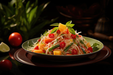 spicy papaya salad with cherry tomatoes and lime on dark backgroundの素材