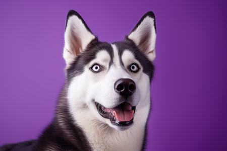 Portrait of a cute siberian husky on purple backgroundの素材
